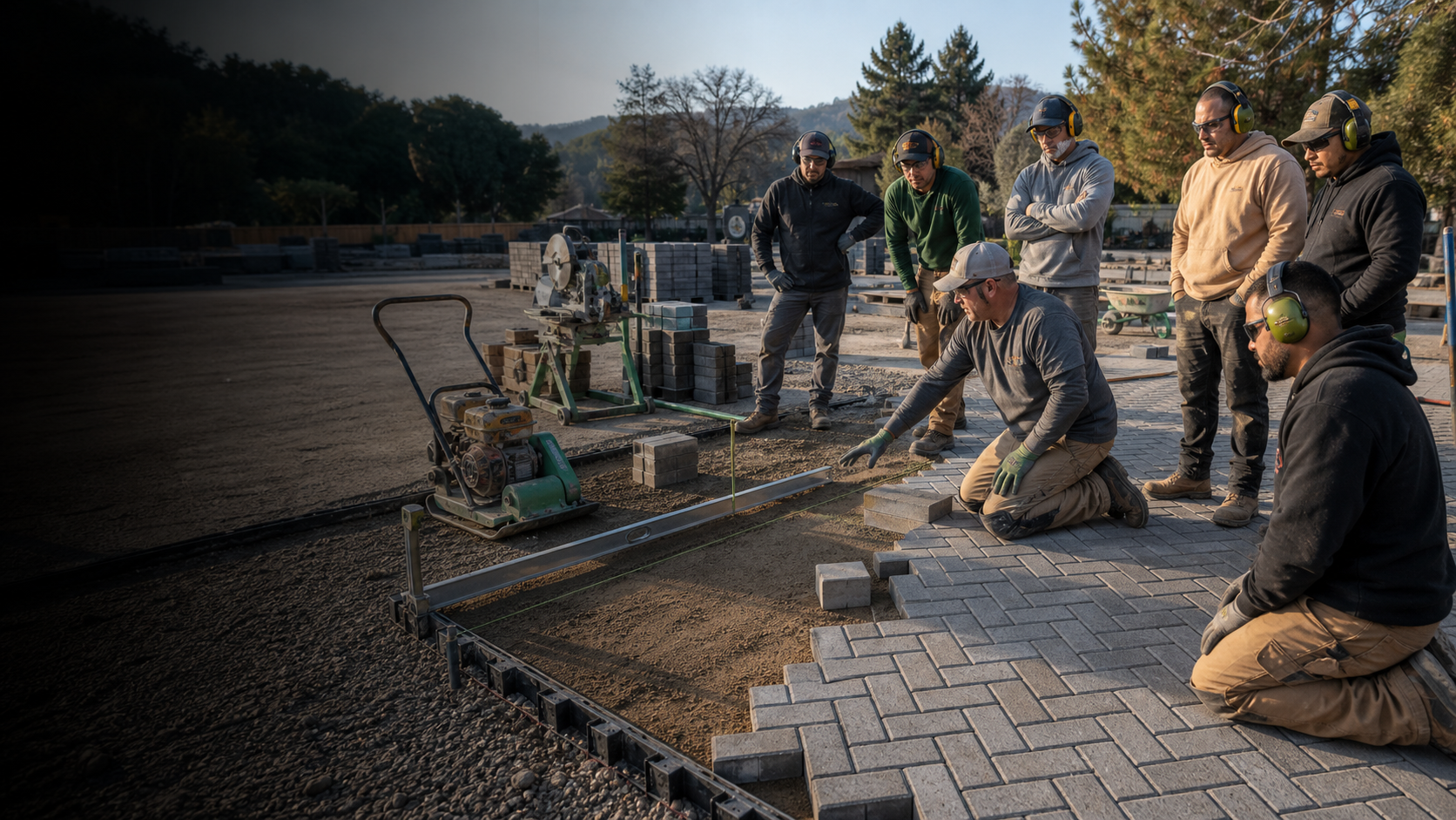 An instructor demonstrating concrete paver installation to a group of hardscape contractors